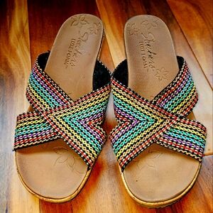 Skechers Beverlee Luxe Foam Wedge Sandal Rainbow Straps Size 9